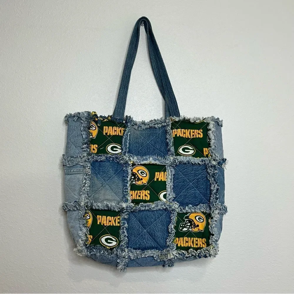 Green Bay Packers Custom Handmade Denim Jeans Patchwork Purse Bag‎